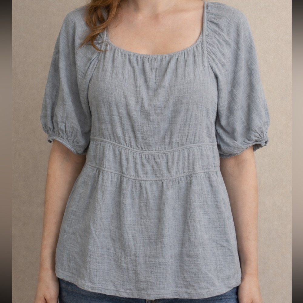 Knox Rose Blue Textured Peasant Top Boho Puff Sleeve Cottagecore SZ M